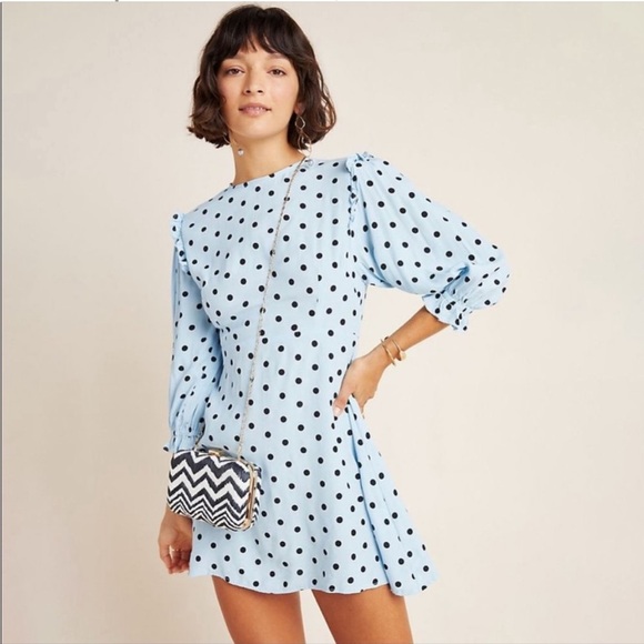 Faithfull the Brand Edwina Mini Sylve Polka Dot Print Blue Dress Sz XS / 2 - Picture 1 of 14